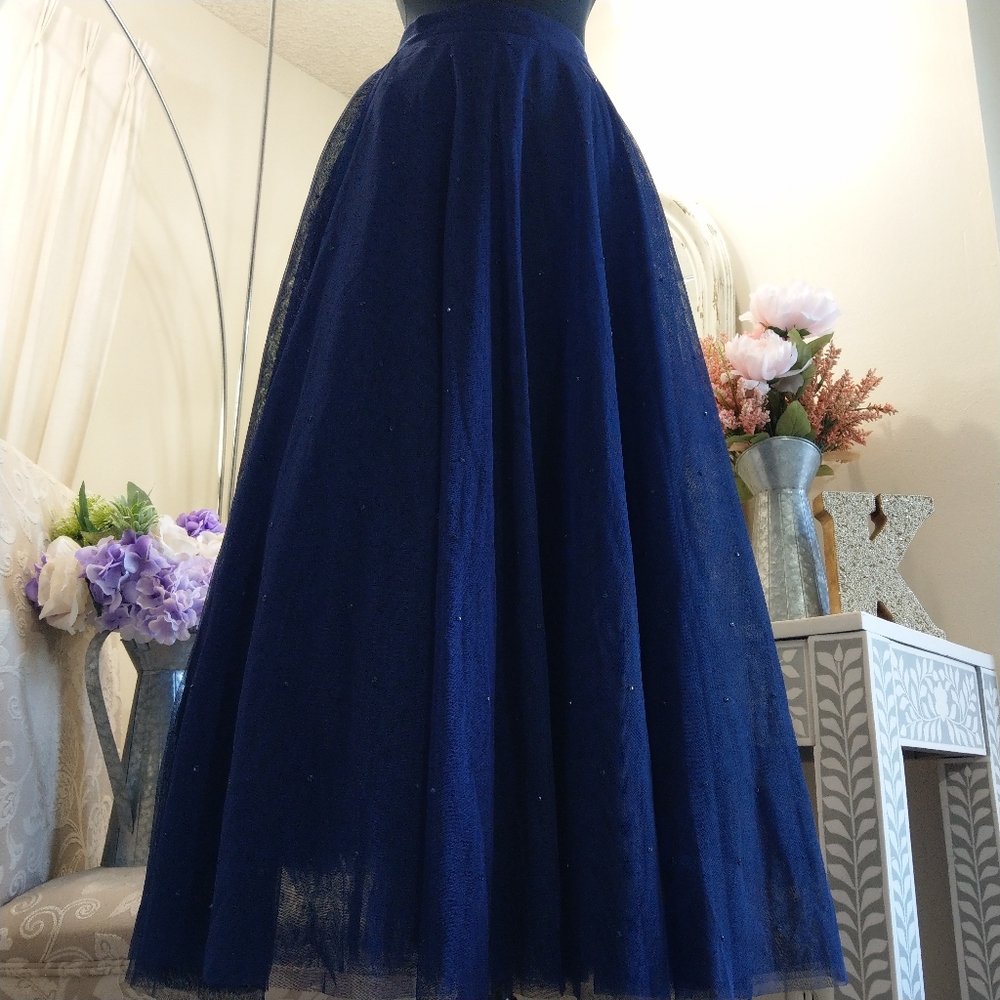 Ted Baker Embellished Tulle Midi Skirt Size 3 Navy Blue